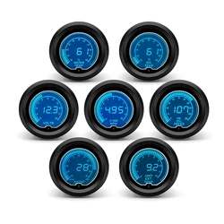 Contagiri da 52 mm RPM Boost Temperatura dell'acqua Temp dell'olio Pressione dell'olio Indicatore della temperatura di scarico Voltmetro Display digitale LCD Indicatore per auto a 7 colori