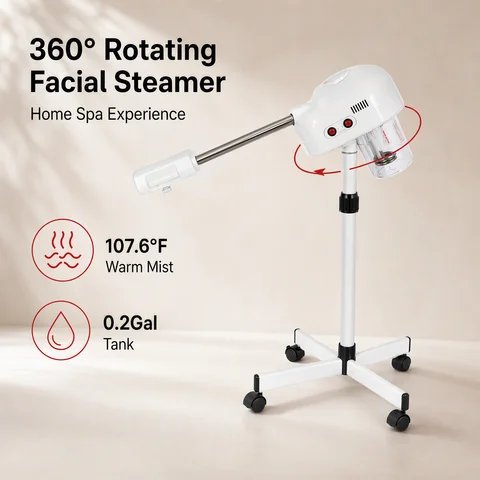 360 °   Rotating Facial Steamer – Ozone Ionic Warm Mist – Adjustable Height 44-52" – 0.2Gal Tank – Home Spa – 110V Us Plug – White