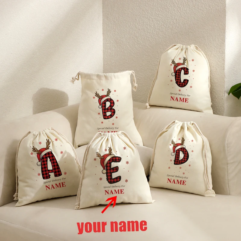Custom Name Christmas Santa Sack 26 Red Plaid Letter Canvas Drawstring Gift Bag Reindeer Antler Monogram Xmas Present Storage