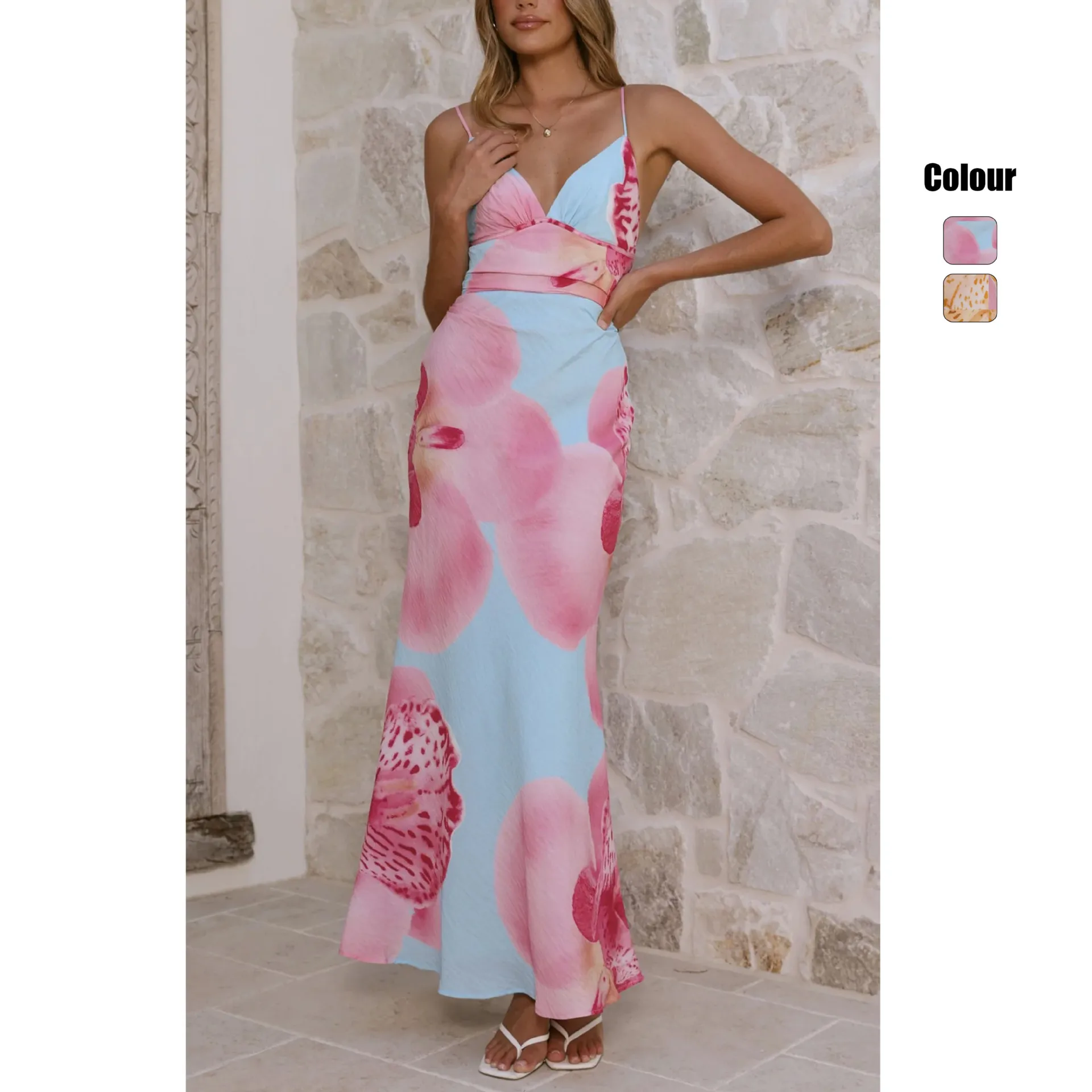 

Summer 26 Fresh Flower Print Mid-waist V-neck A-word Suspender Dress