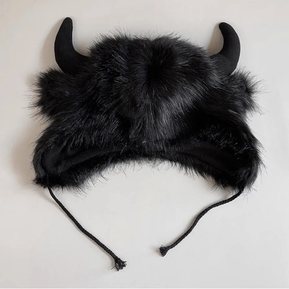 High Quality Unisex Bullhead Plush Hat Thick Fluffy Bison Hat Windproof with Horns Cotton Hat