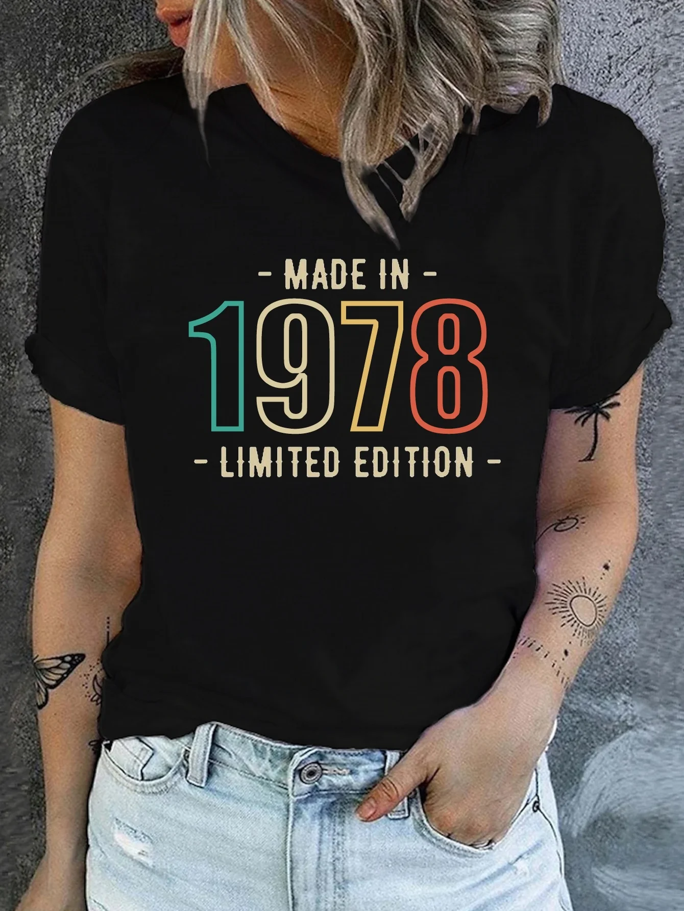 

1978 Letter Print Crew Neck T-shirt Casual Short Sleeve Top For Spring Summer Women's Clothing