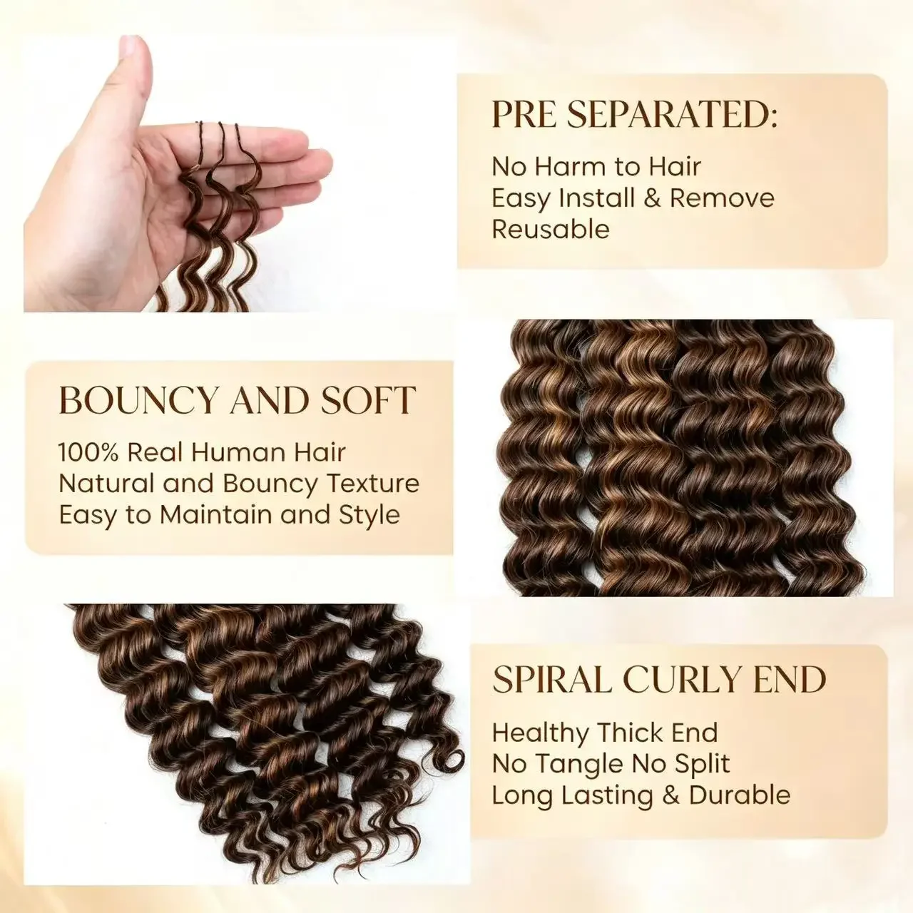 #4/27 Highlight Colored 100% Human Hair Feather Crochet Extensions Pre Separated Reusable Loose Deep Wave Invisible Miracle Knots Crochet Hair For Boho Braids Lightweight Braiding Versatile & Time-Saving