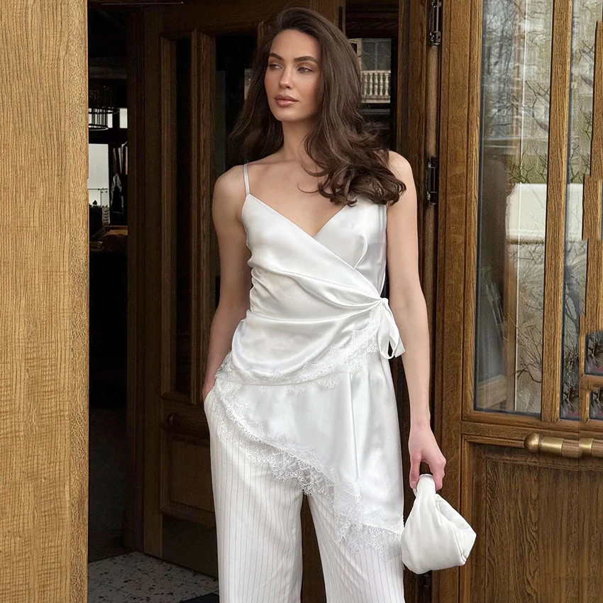 

Linad Elegant White Satin Lace Camis Woman Sexy Backless Spaghetti Strap Vest Female Street Chic Black Lace Up Top 2025 Autumn