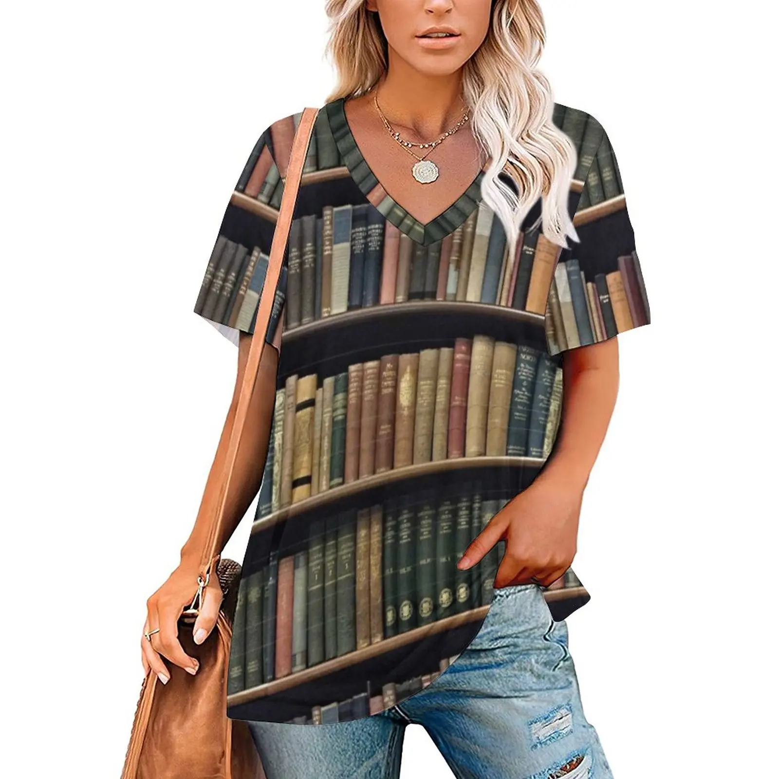 Endlosen Bibliothek (Muster) Woman'S T-Shirt Frühling Und Sommer Gedruckt T Shirts Crew Neck Pullover Top Buch Bücher Bibliothek