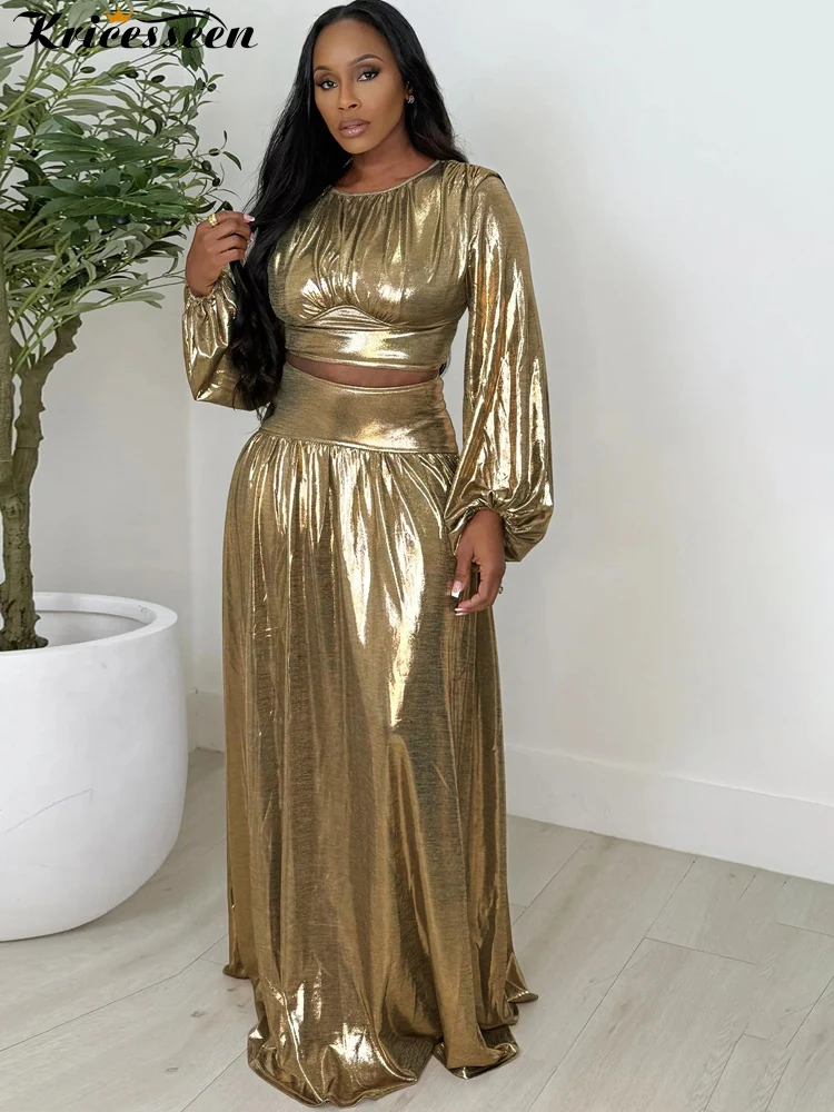 Kricesseen Elegant Metallic Gold Two Piece Set Women Ruched Crop Top&High Waist Pleated Skirt Set Metallic Party Co-ord Outfit