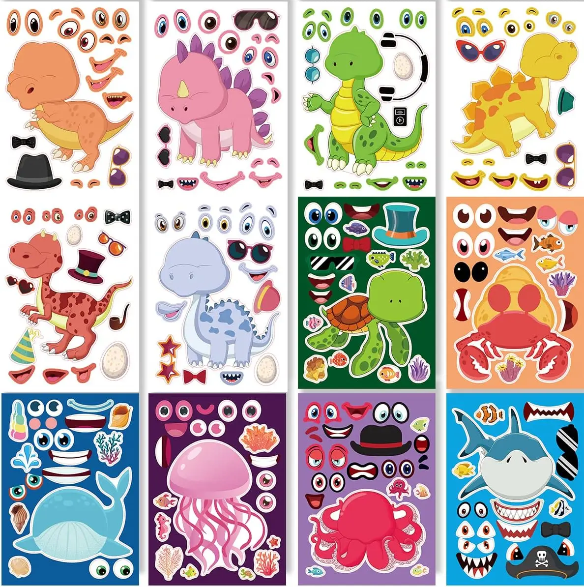 24 arkusze Zrób własne naklejki Naklejki na twarz dla maluchów Mix Match Jednorożce Dinozaur Koń i zwierzęta morskie Dla dzieci Ulubione przyjęcia