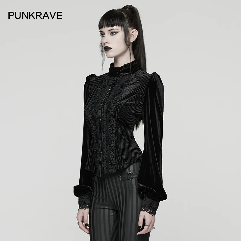 PUNK RAVE Damen Daily Goth Verschiedene Stoffe Gespleißt Schlank Stilvolles Hemd Rose Spitze Elegante Tops Retro Bluse 3 Farben
