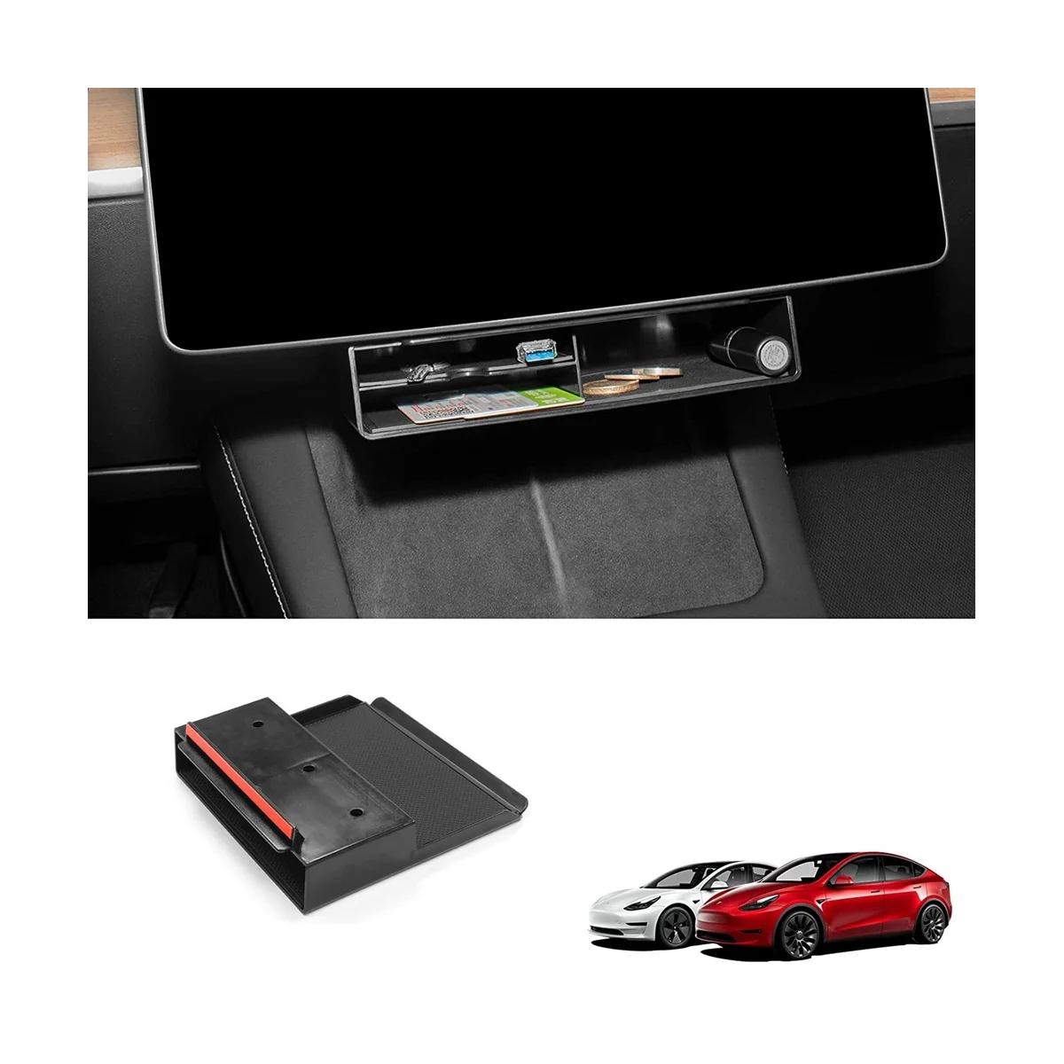 Under Screen Storage Organizer Box for Tesla Model 3 Model Y 2021-2023 Accessories Key Card Gadget Storage Large