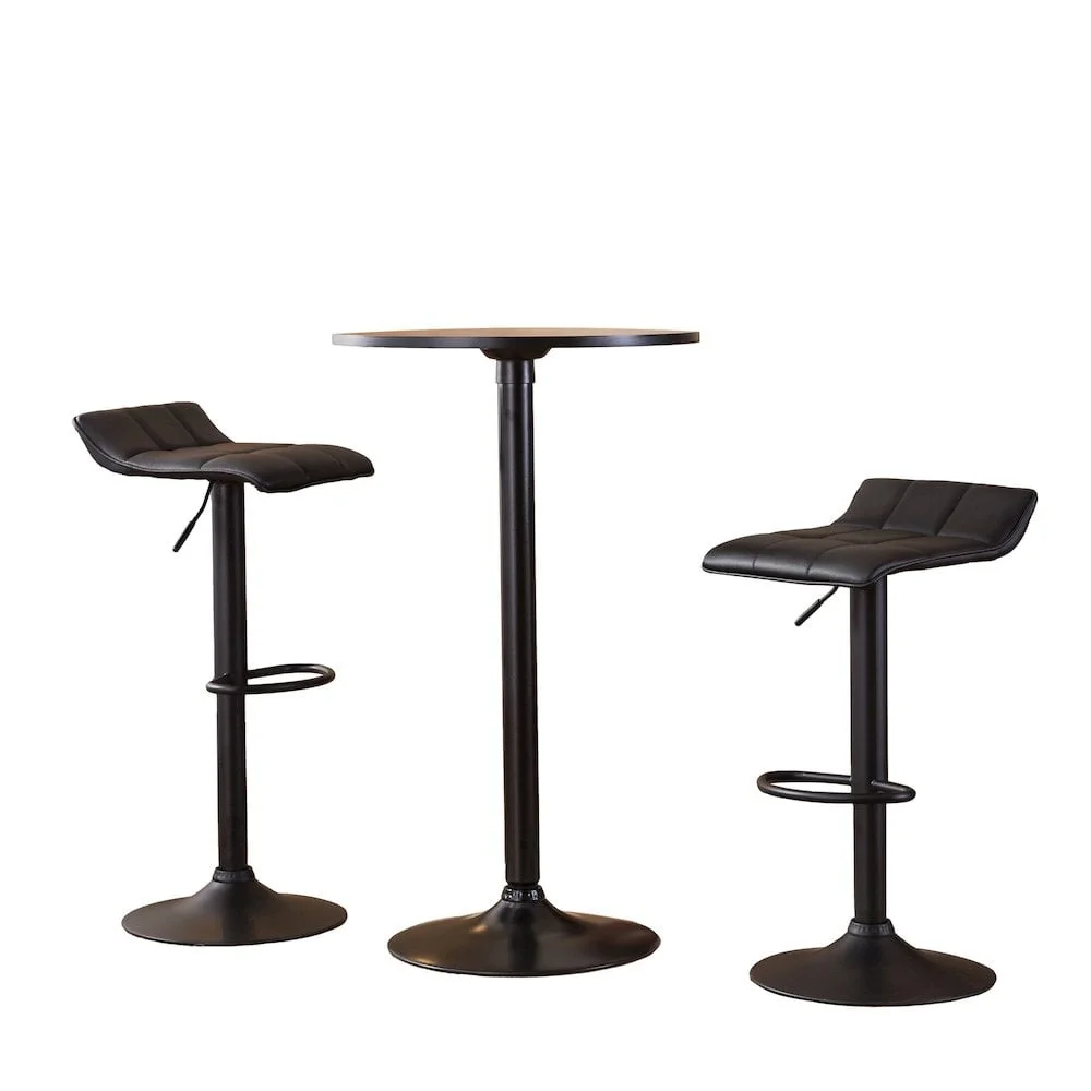 Bar Table Set with 2 Adjustable Swivel Stools Black Round Metal Dining Furniture Kitchen Home Pub