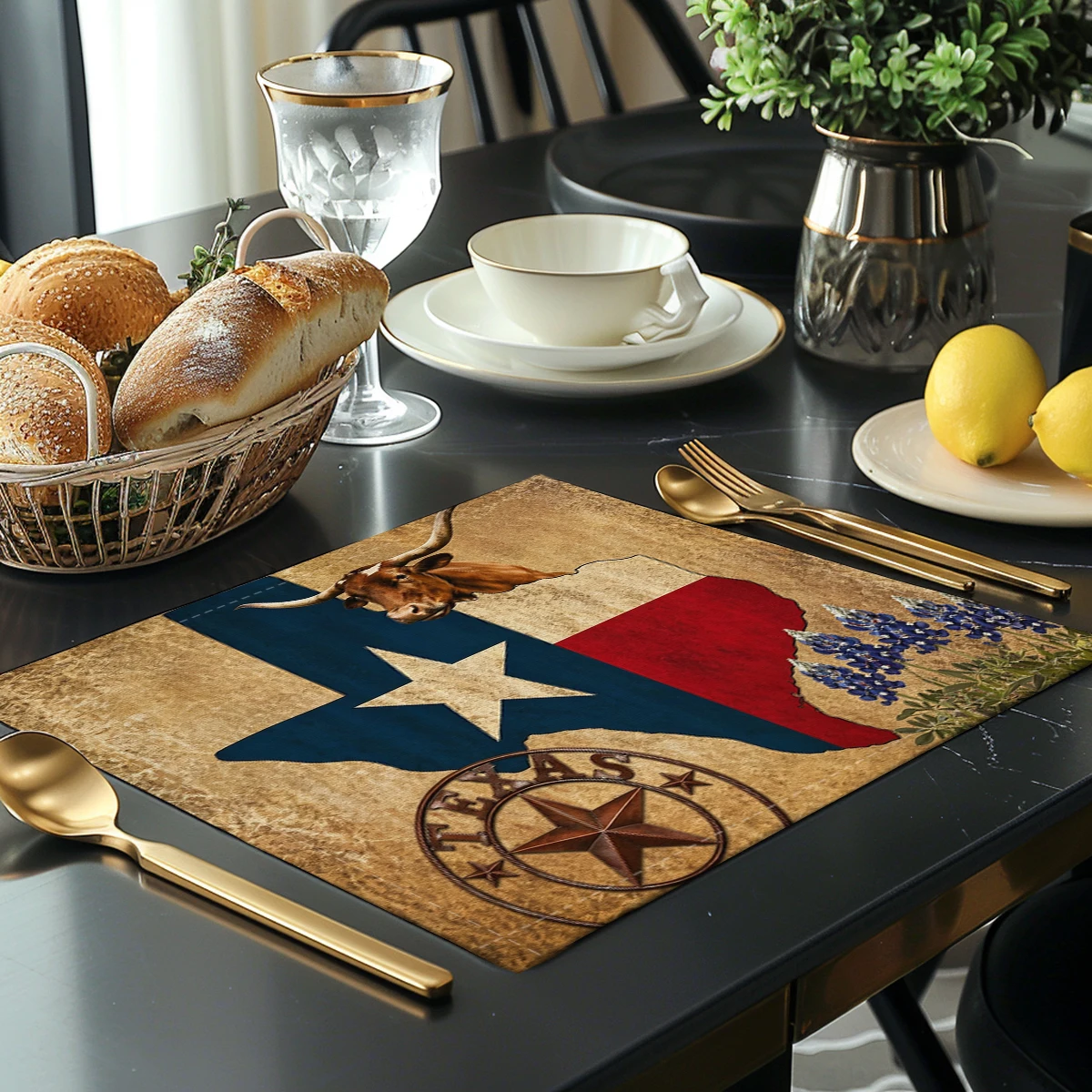 Western Cowboy Themed Polyester Placemats, Set of 4 - Decorative Table Mats for Dining Table, Rustic Style Home Dining Decor