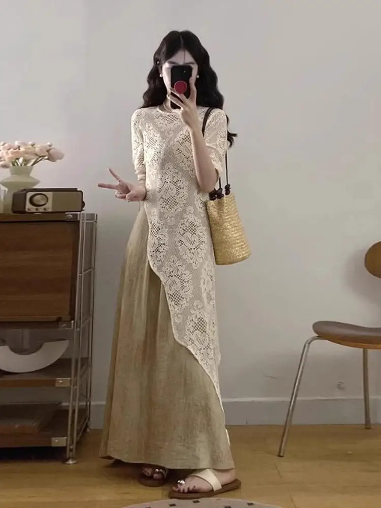 

Summer Fashion Lace Cover up Strap Dress Set Women's plus Size Beautiful High End Feeling Long Pants Short Sleeve round Neck