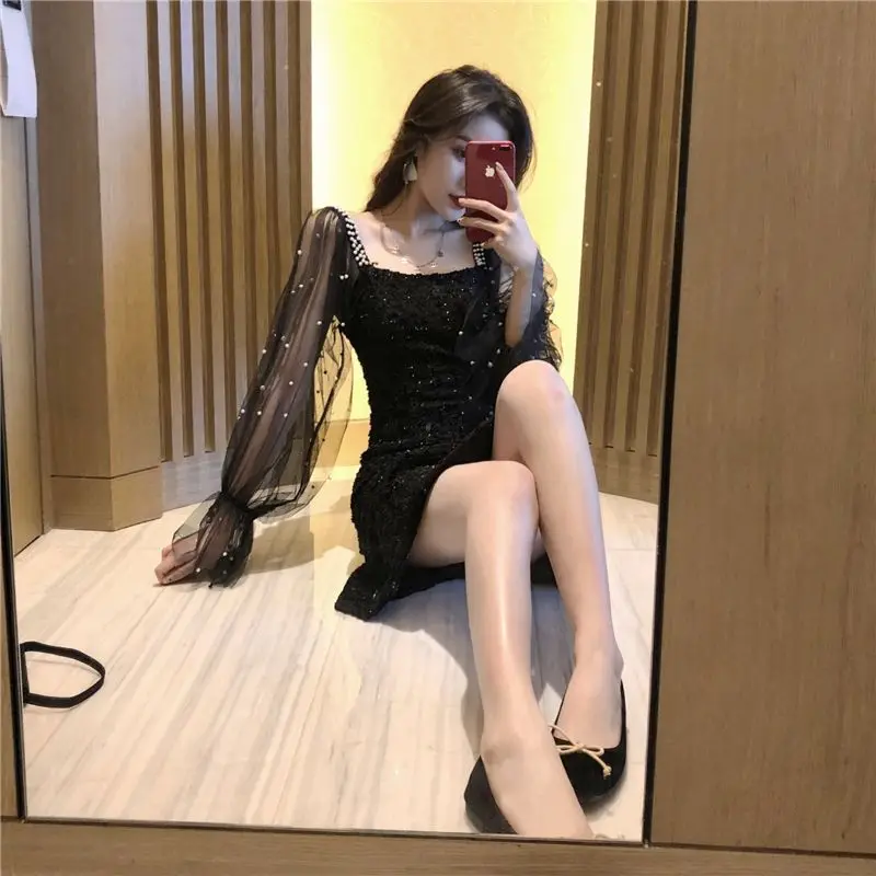 Nightclub Outfit New Fashionable Sexy Slim Fit Versatile Mesh Bubble Sleeves Elegant Dress for Women