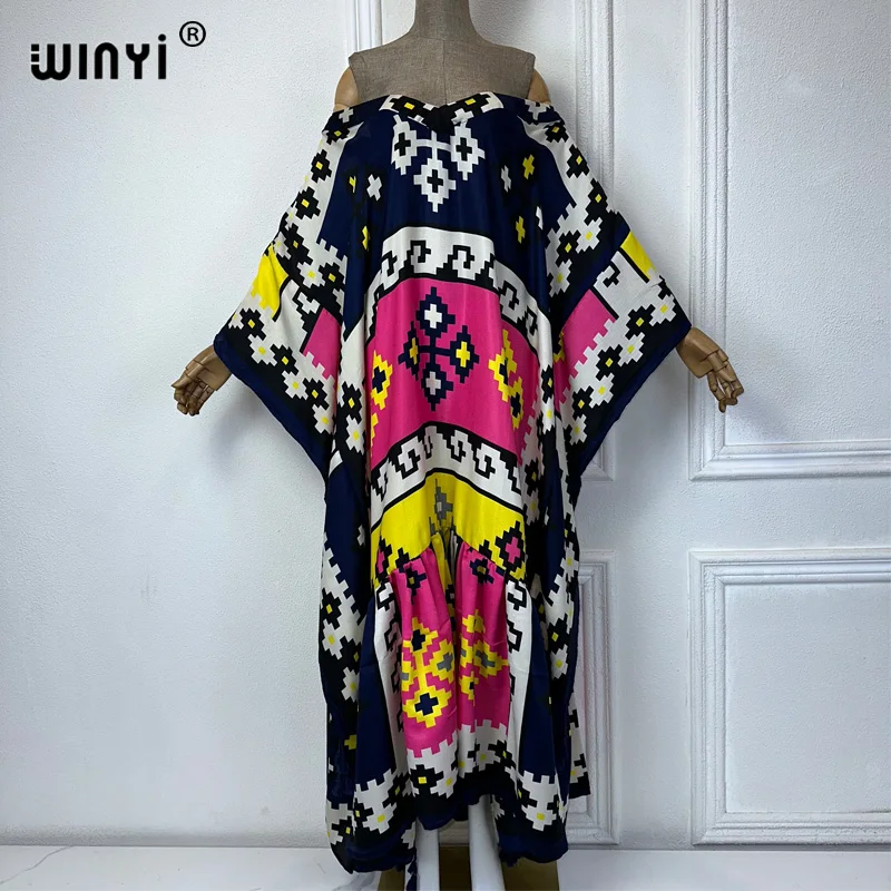 

WINYI Sexy deep V-neck dress Kuwait blog Runway Designer Elegant party Dress Women Print Female loose kaftan abaya dubai luxury