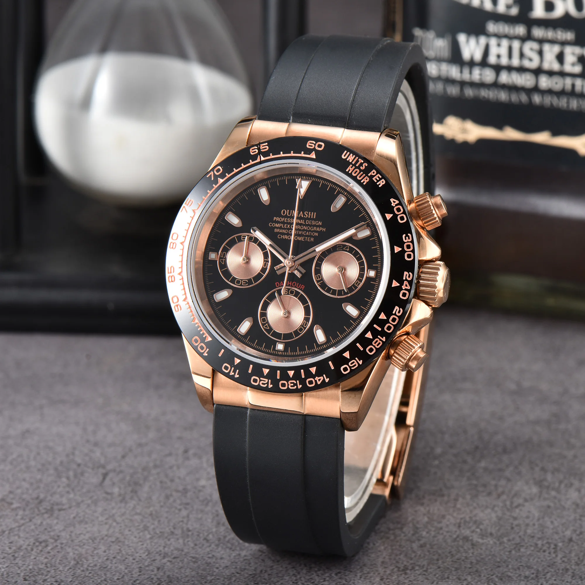 OUMASHI Watch Rose Gold Series Panda dial, Sapphire luminous watch, fashionable and sporty style, waterproof VK63 chronograph