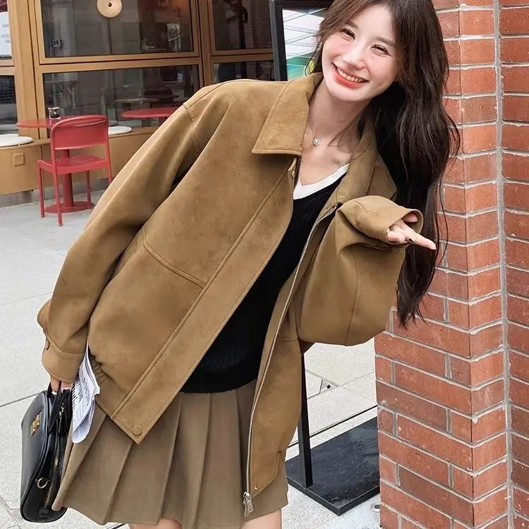 Primavera e outono nova jaqueta feminina solta commuter retro emenda jaqueta de veludo de couro