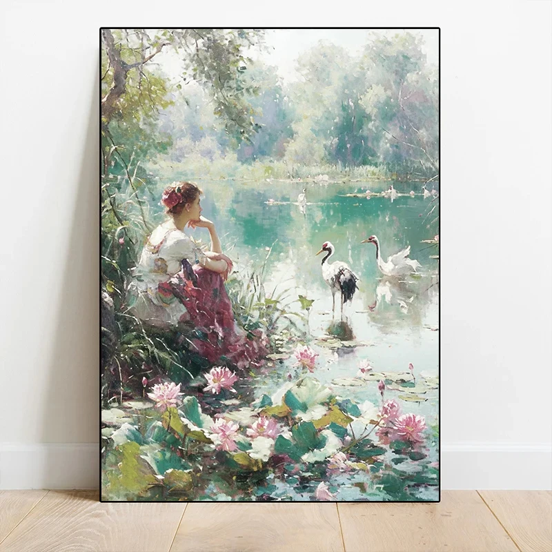 Vintage Elegant Women Red Crowned Cranes on The Water's Edge Posters Canvas Printing Wall Art Picture for Living Room Home Decor