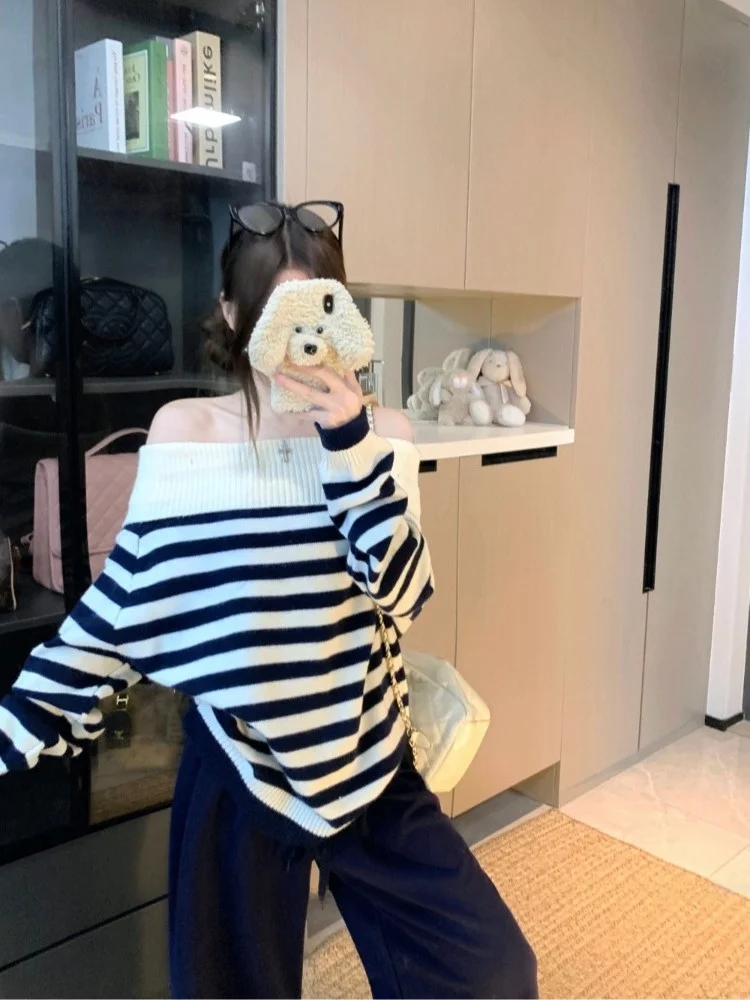 مخطط واحد يكتشف كسول طويل Sve محبوك سترة المرأة فضفاضة Faionable الخريف جديد Sle تخفيف فضفاضة تناسب تريكو