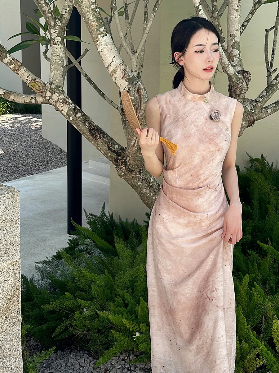 

Original Smoke Pink Sleeveless Qipao Dress Women's Autumn Waist Cinching Slimming Short Sleeve Bodycon Dress