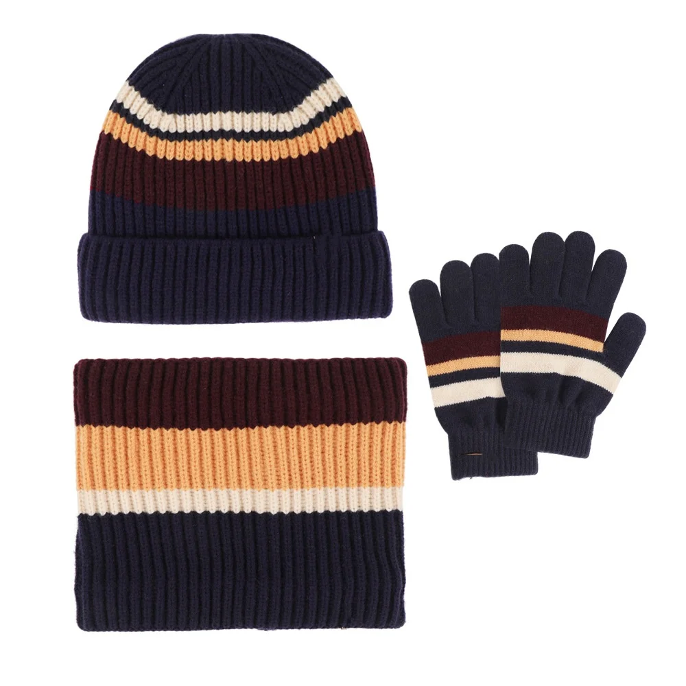 Gorro de punto cálido para niño con rayas populares, bufanda larga, guantes, conjunto 3 en 1, gorros de calavera, bufandas para el cuello, forro polar para niño y niña