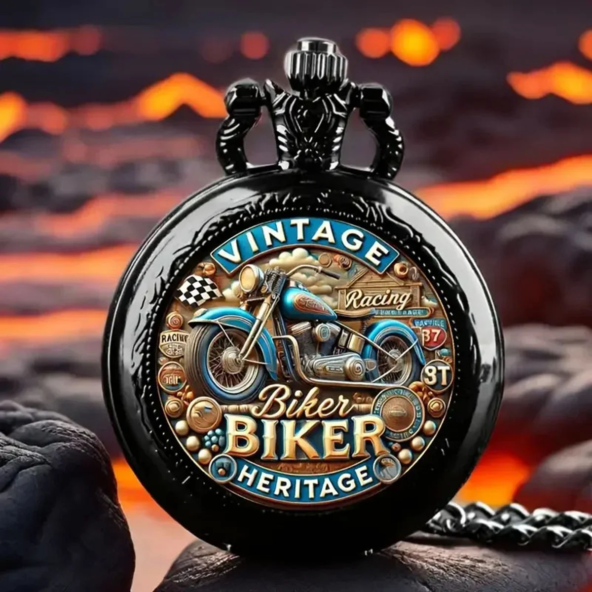 Black pocket watch with retro circular mysterious cool motorcycle and forest pattern wild charming-quartz watch hanging chain