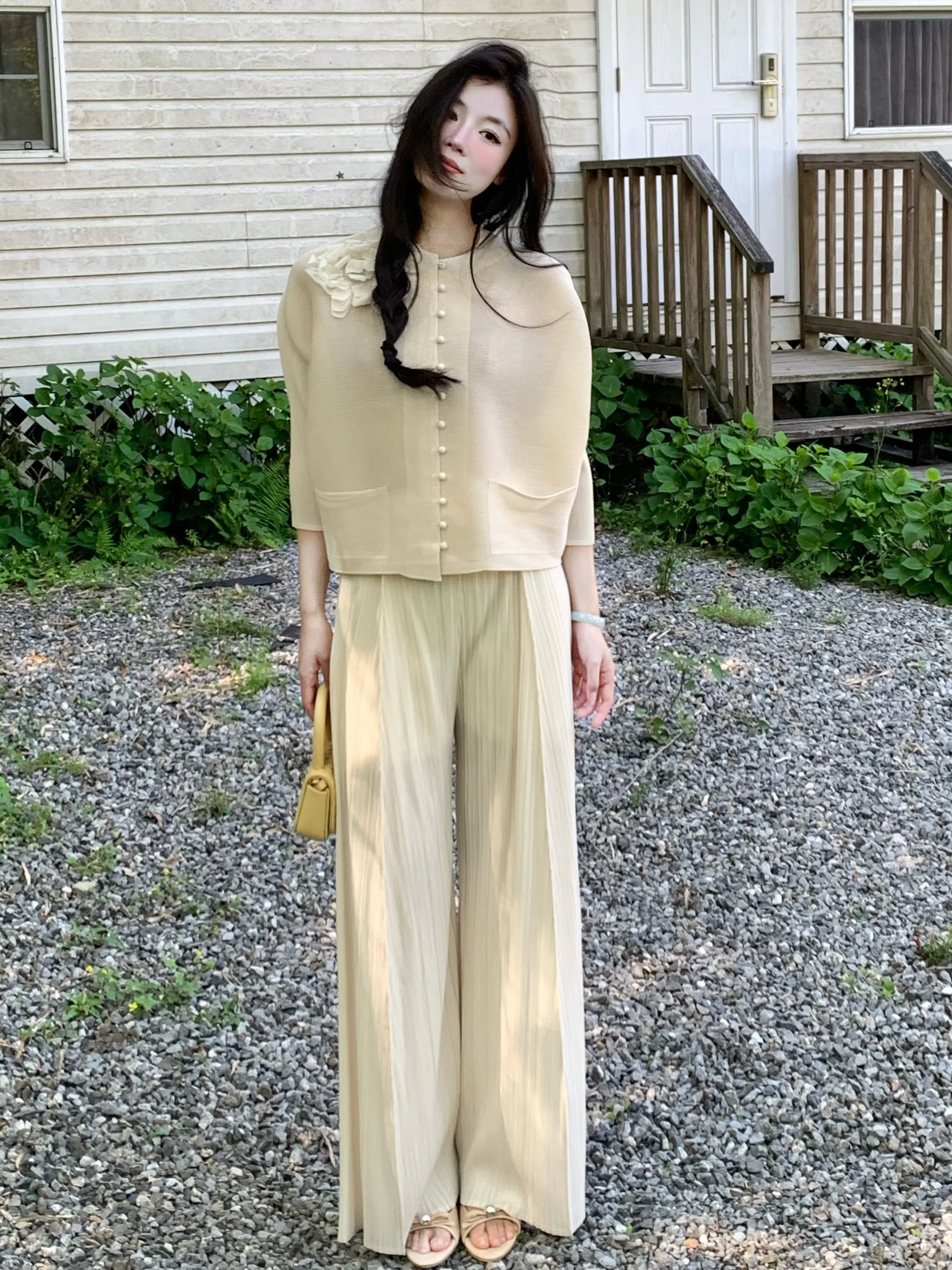 Summer Casual Pleated Set Thin Commute Beautiful Fairy Tale Shirt Top Two Piece Set Women's Loose Fit Polyester Fiber