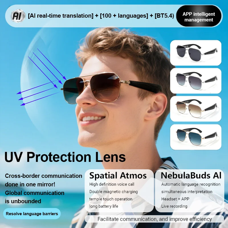 Gafas inteligentes GY100 más de 100 idiomas en línea AI traducción automática de diálogo gafas Bluetooth con altavoz protección UV deportiva