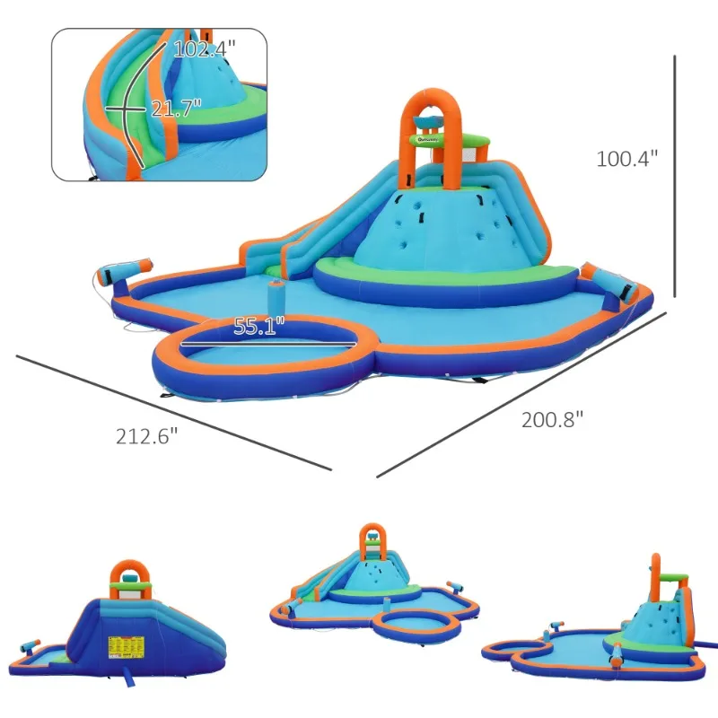 Castello di salto del parco acquatico della casa di rimbalzo 4 in 1 con piscina d'acqua, scivolo, pareti rampicanti e 2 scaglie d'acqua, ventilatore d'aria da 450 W