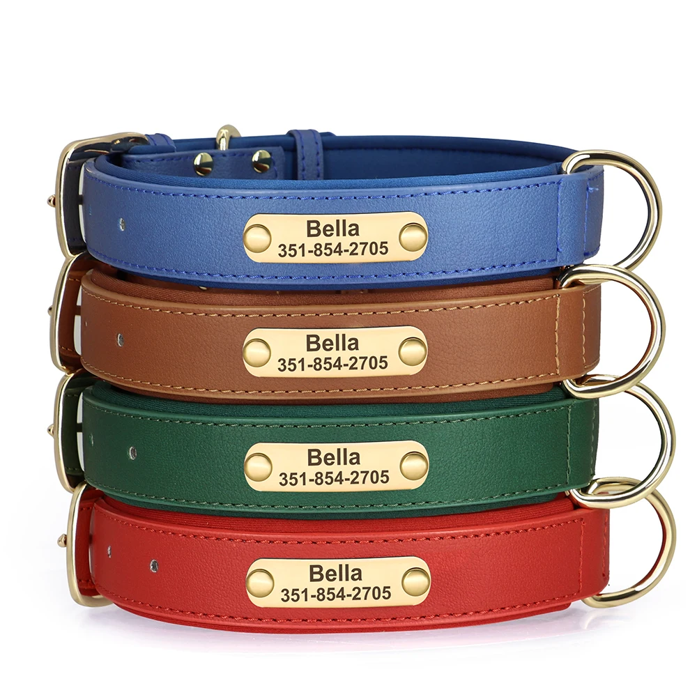 Personalized PU Leather Dog Collar Soft Padded Dog Collars Free Engraved Pet ID Necklace For Small Medium Dogs Pitbull Bulldog