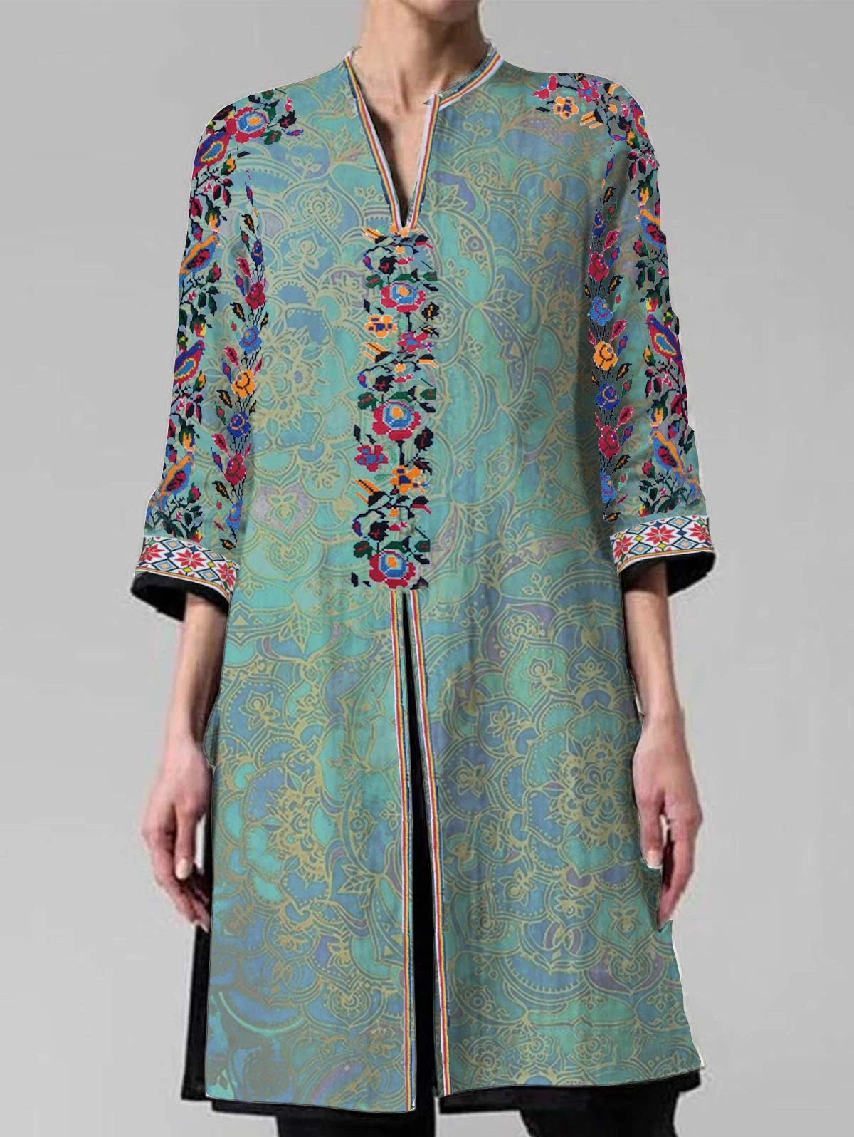 Vestido Midi étnico con cuello con muescas, vestido recto Vintage con estampado Floral dividido, manga de tres cuartos, vestidos casuales de moda de