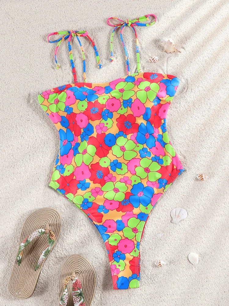High Cut Swimwear Bandage One Piece Suits Pleated Swimsuit Women 2026 Floral Print Bathing Suit Patchwork Summer Beachwear