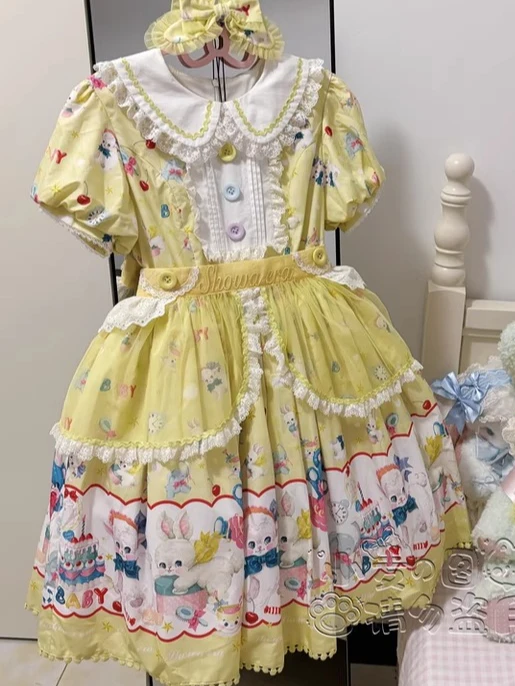 Cartoon Print Kawaii Lolita Kleid Geburtstagskleid für Frauen Mädchen Stil Spitze Puppenkragen Puffärmel Schlanke Puffy Abendkleider