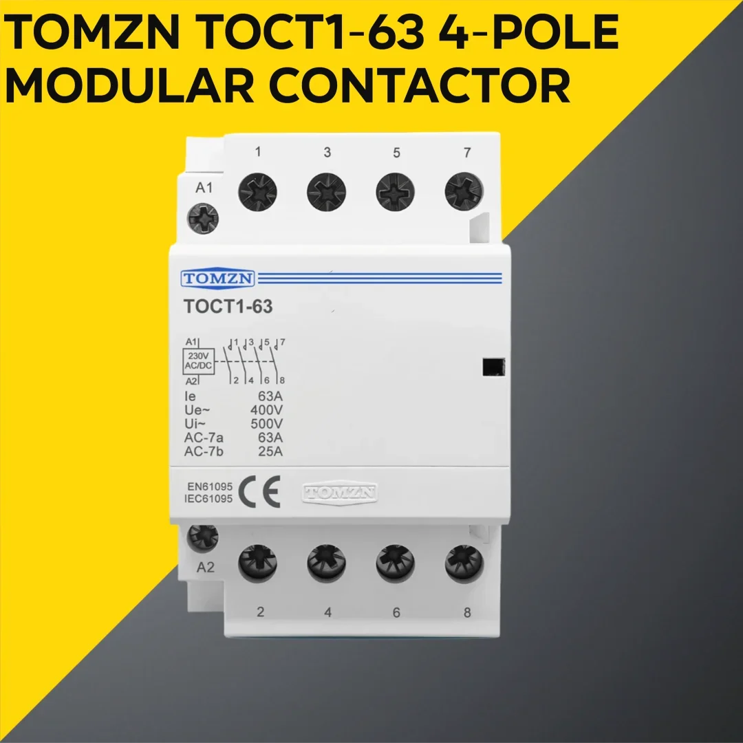 TOMZN TOCT1 4P 63A DIN Rail Contactor – 400V AC, Coil: AC/DC 24/110/230V, Contact Configurations: 4NO 4NC 2NO2NC Changeover