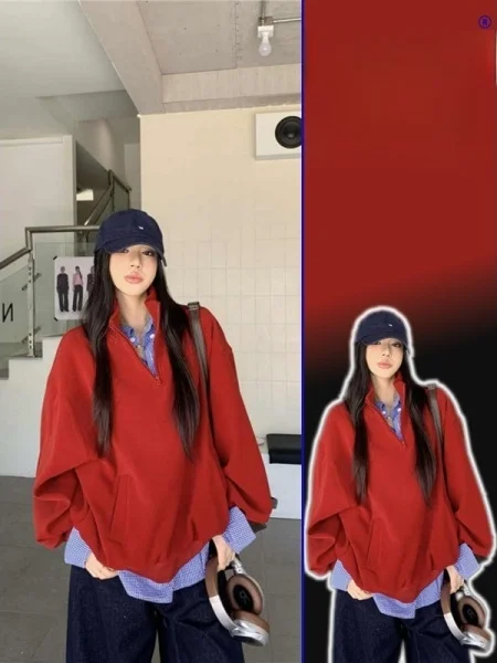 

Retro Red Loose Fit Hoodie with Half Zipper Long Sleeve Two Piece Set for plus Size Women Spring New Style Anti-Aging Shirt
