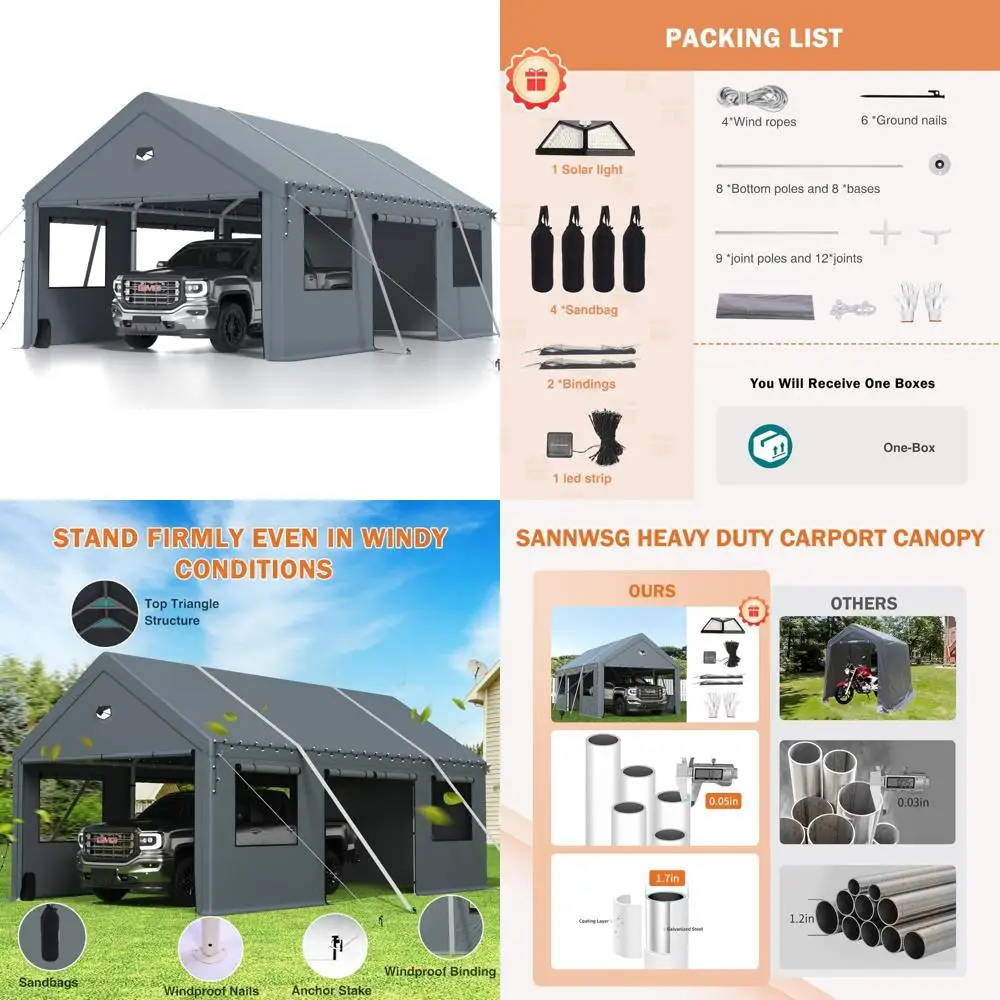 

Сверхмощный портативный гараж-карспорт, наружное укрытие 12x20 с боковой дверью, всепогодный автомобильный навес
