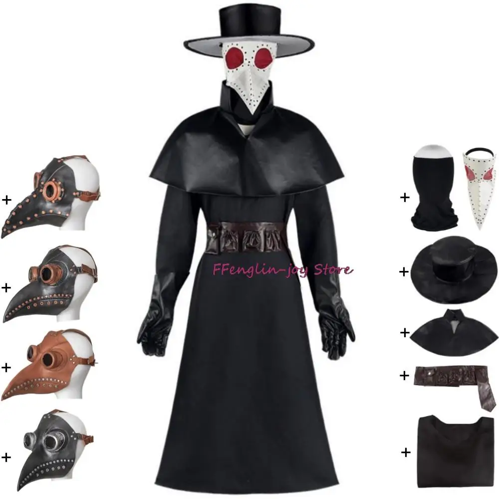 

Plague Doctor Cosplay Costume Game Darkest Dungeon Adult Leather Long Nose Bird Mask Halloween Medieval Steampunk Black Suit