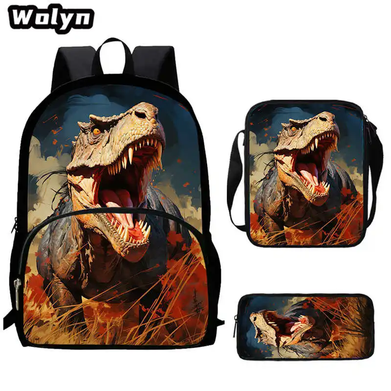 3Pcs Set Dinosaur School Backpacks with Shoulder Bag Pencil Bag,Cartoon School Bags for Boys Girls,Book Bags for Grade 1-4 kids