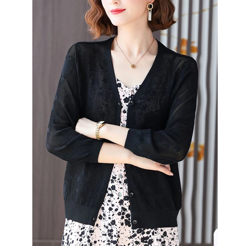 Women Korean Style Sexy Hollow Thin Elegant Knitwear Coat Spring Summer Ladies Solid V Neck Long Sleeve Button Knitted Cardigans