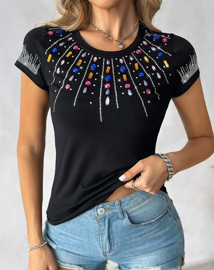 Women's Casual T-Shirt 2024 Summer Fashion Round Neck Rhinestone Colorful Crystal Stone Decor T-Shirt Female Clothing Y2k