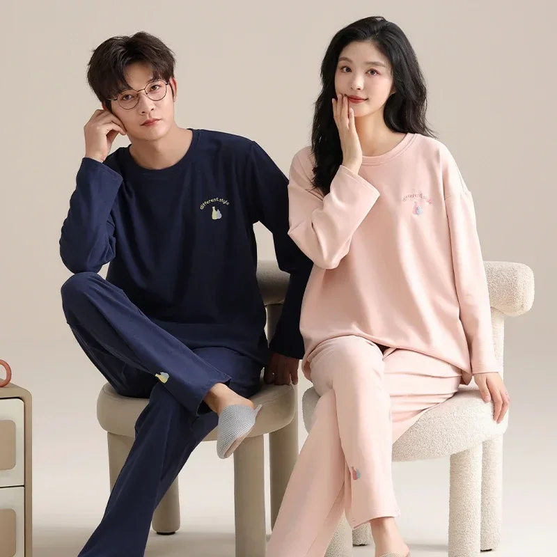 Women and Men Mathing Sleepwear Cotton Autumn and Winter Warm Loungewear Couples Pullover Pajamas Teenager Boy and Girl Pyjamas