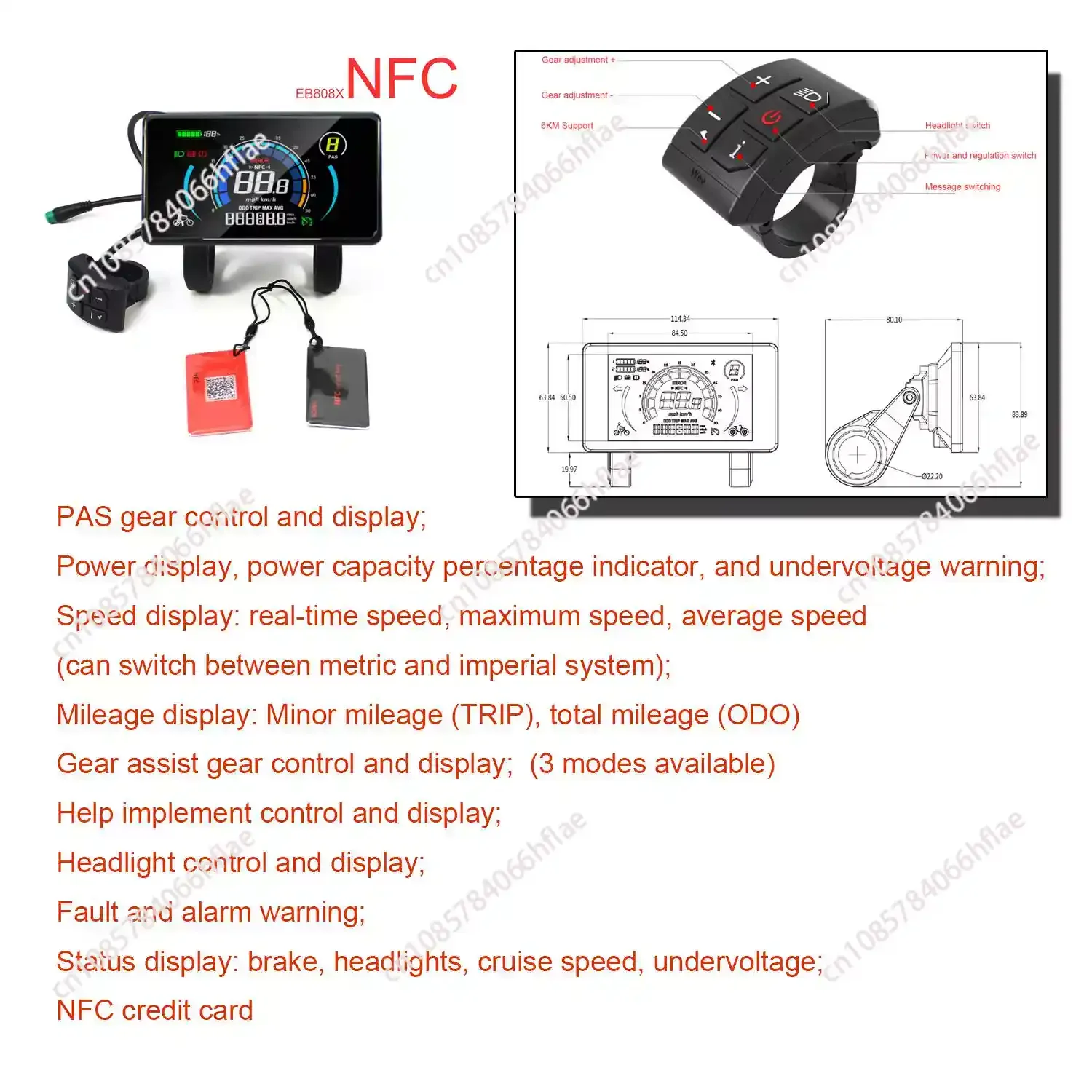 4 Inch E-Bike LCD Meter, 24V-72V NFC Control Display, Speed Odometer & Battery Gauge with Light Sensor