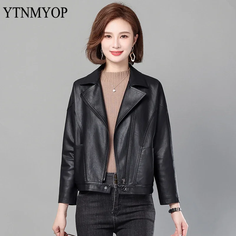 

Women's Clothing Spring Leather Jackets Turn-Down Collar Slim Fashion Coat Female Suede Black Brown YTNMYOP