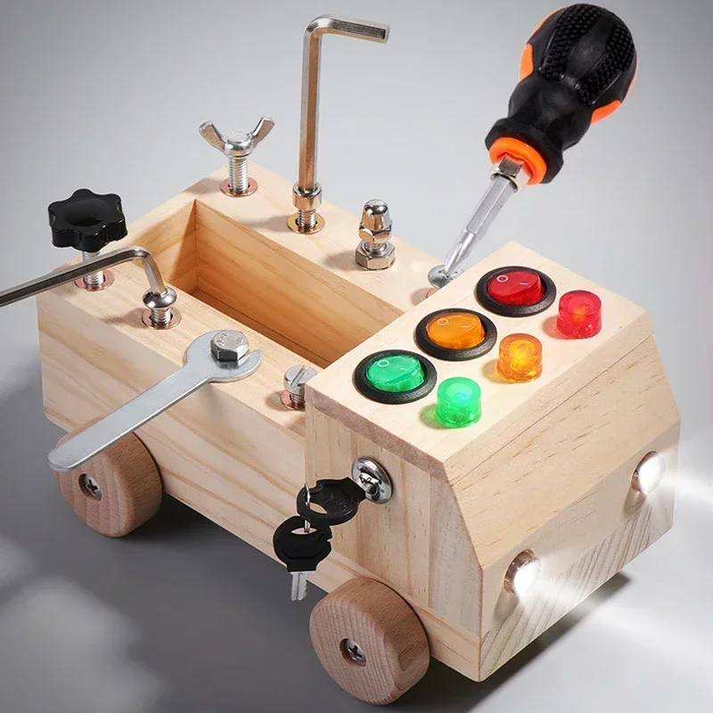 2-4 سنة الأطفال التعليم المبكر لغز لعبة خشبية مونتيسوري مشغول مجلس الألعاب الحسية التبديل صندوق التحكم عربة لعبة المسمار #3
