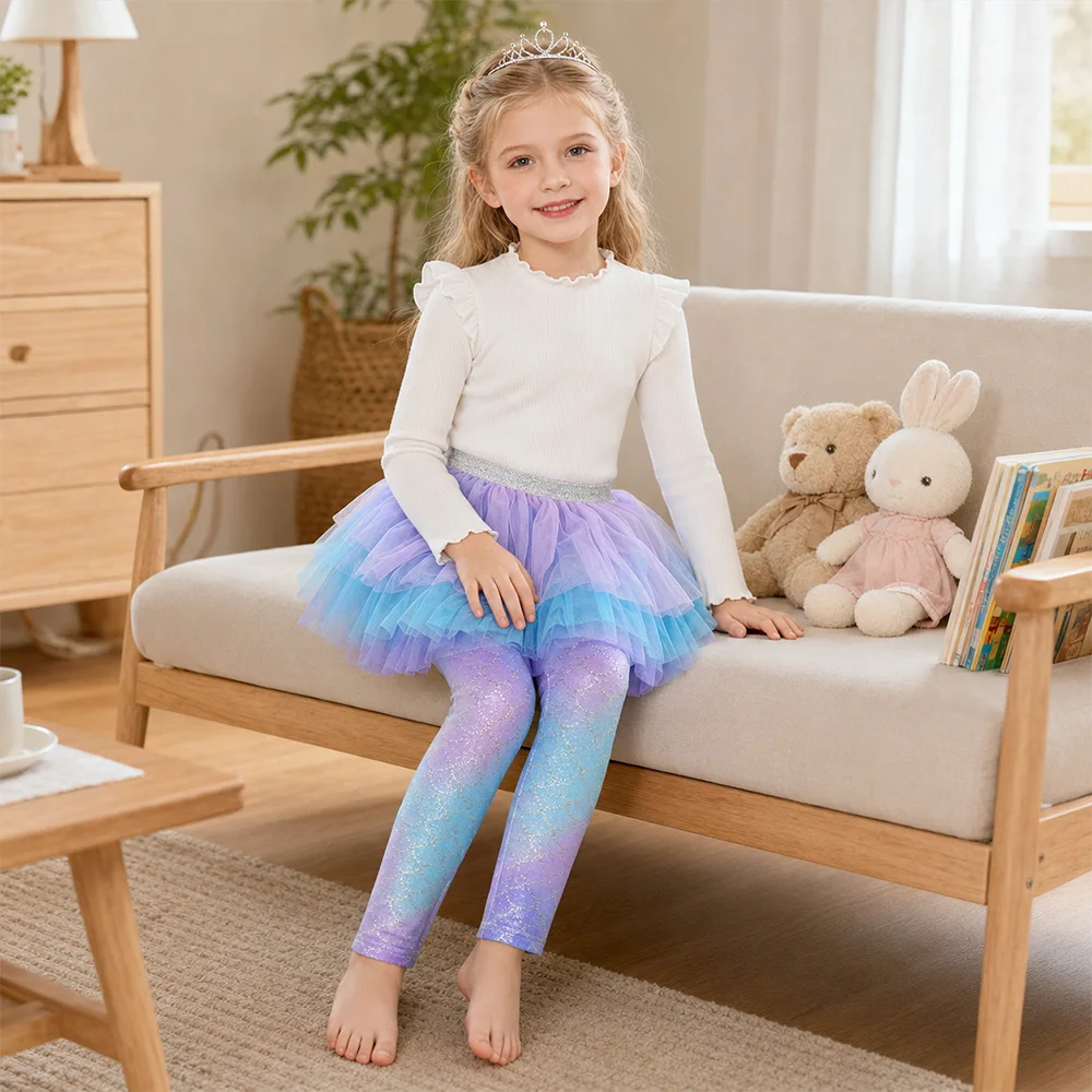 Mädchen-Leggings mit Meerjungfrauen-Print und mehrlagigem Mesh-Tutu-Rock für Tanz, Kinder-Ombre-Schuppen-Glitzer-Polyester-Hosen mit Farbverlauf – Detail 4