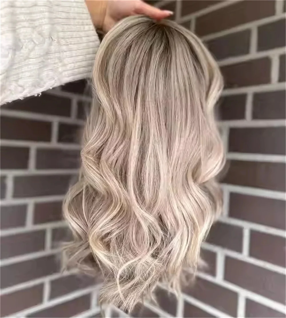 24'' Invisible HD Lace Wig Ash Platinum Blonde Wig Melt Dark Roots Synthetic Lace Front Wig for Women Party Hair Highlights Wig