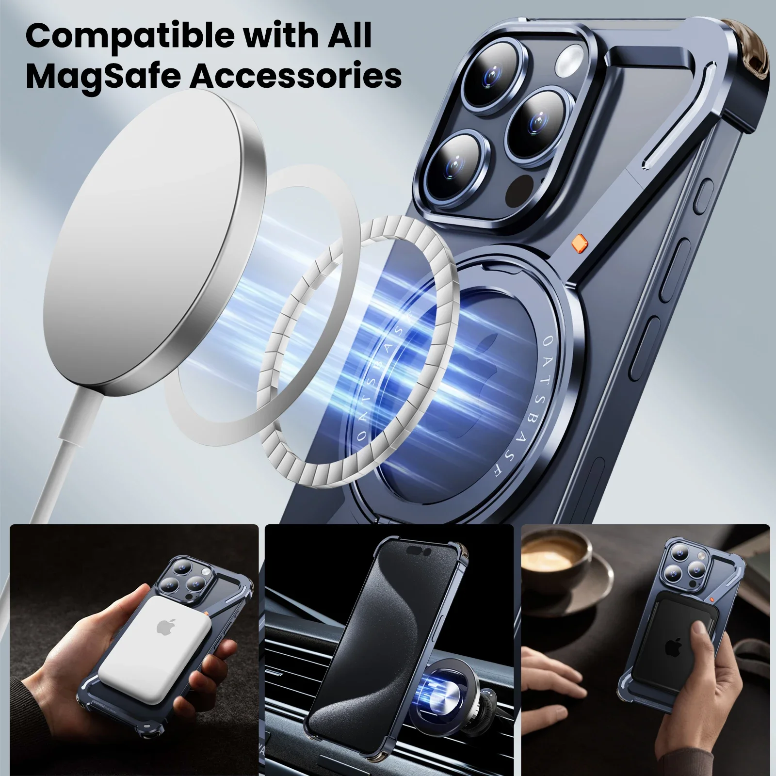 Oatsbasf Z Shape Metal MagsafePhone Case for iPhone14/Plus/Pro/Pro Max Magnetic Bumper w/ 360° Rotation Holder Protective Case