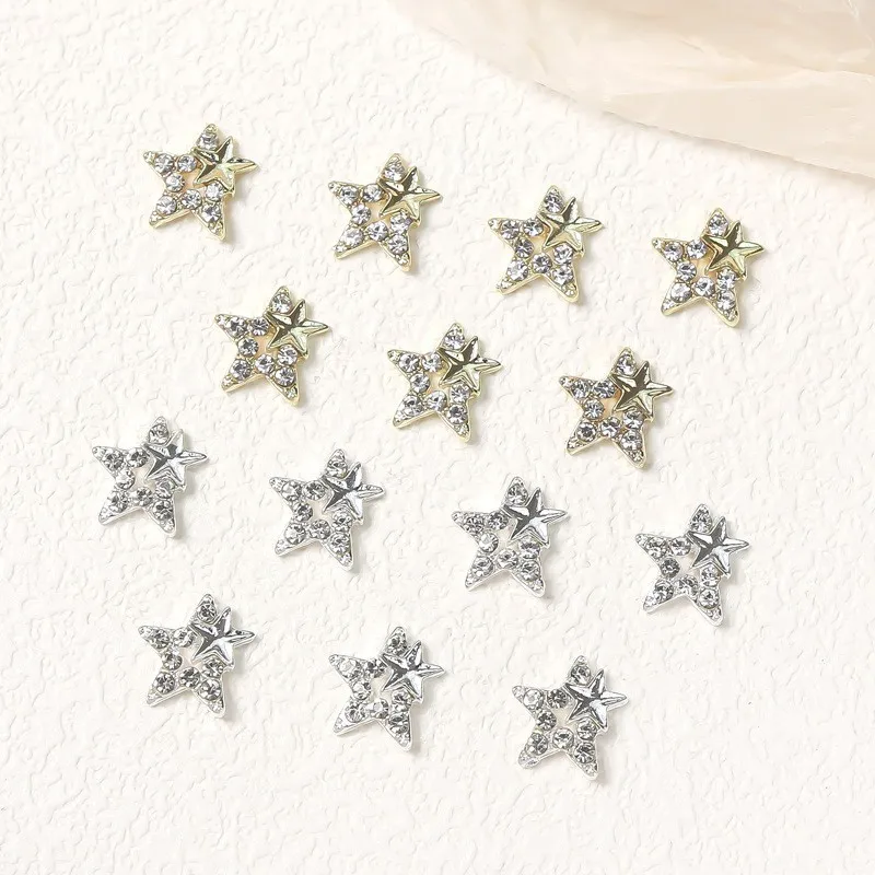 10Pcs Hollow Out Pentagram Alloy Charms 10mm Gold/Silver Metal Star Parts 5-Pointed Stars Rhinestone Stones Nail Decoration