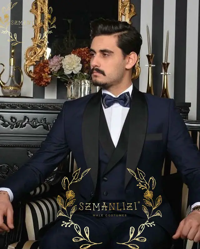 

SZMANLIZI Handsome Navy Blue Mens Suits Wedding Groom 3 Pieces Slim Fit Party Male Dress Wedding Suits For Men Blazer Tuxedos