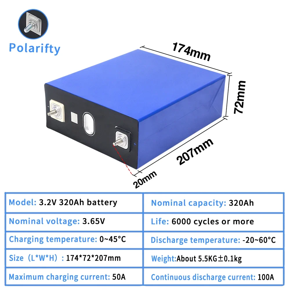 New 8pcs 3.2V 320Ah LiFePO4 Lithium Iron Phosphate Battery Can be Combined into 12V 24V 36V 48V 320Ah Rechargeable Battery Pack