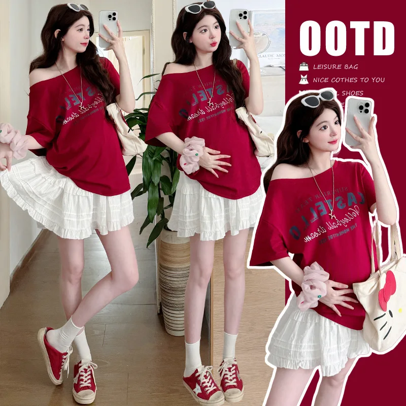 

Summer Maternity Set One Shoulder Short Sleeve Outfit American Retro Print Tee With Skirt Stylish Two Piece Comfortable